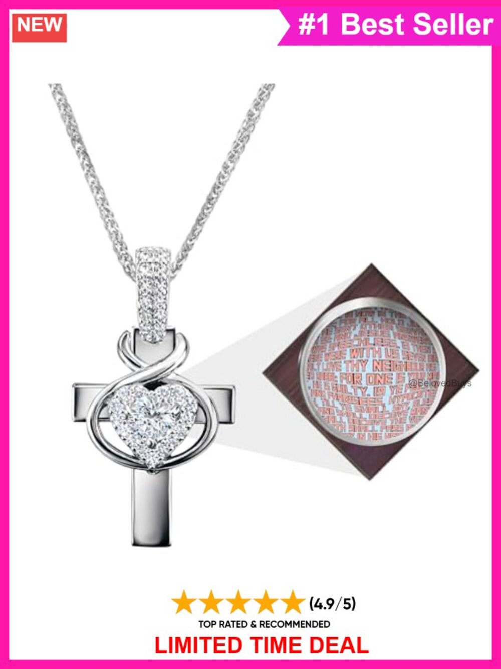 925 Sterling Silver Cross Heart Necklace Nano Bible CZ Pendant 18" Chain
